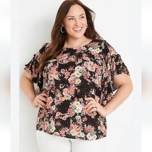 Maurices Peasant Blouse Woman 3X Cottage Boho Fairy Flutter Sleeve Black Floral